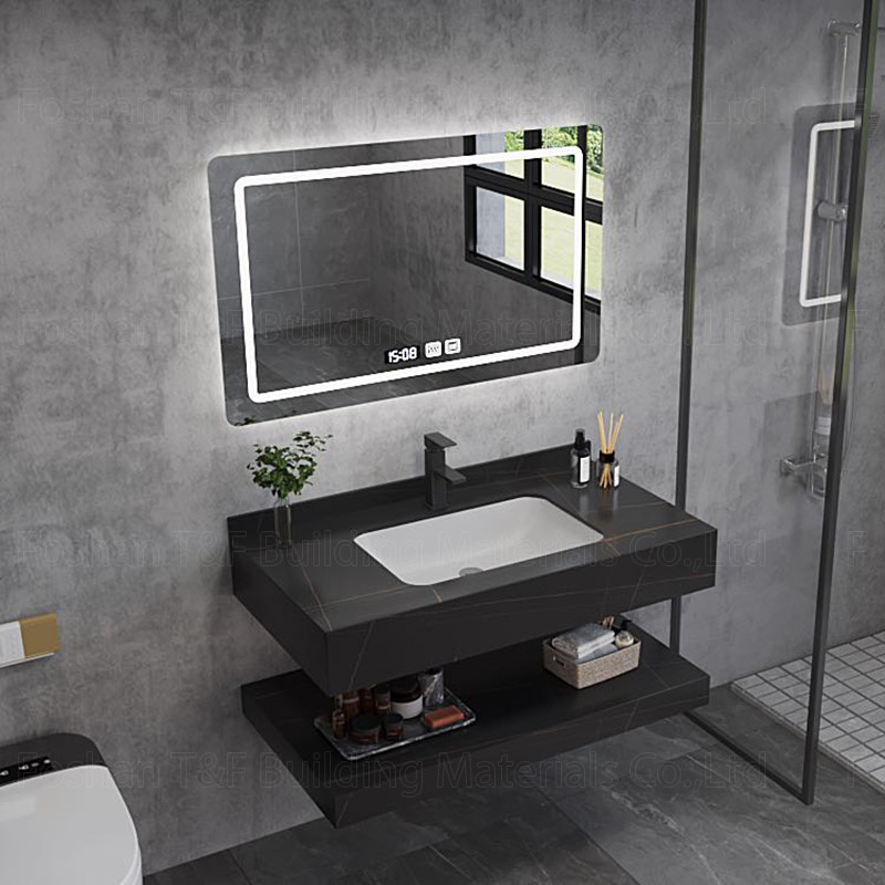 Moderne Marmorhotel-Badezimmer-Eitelkeit sinterte Steinbecken-Wannen-Kabinett Smart führte Spiegel