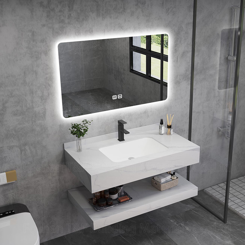 Moderne Marmorhotel-Badezimmer-Eitelkeit sinterte Steinbecken-Wannen-Kabinett Smart führte Spiegel
