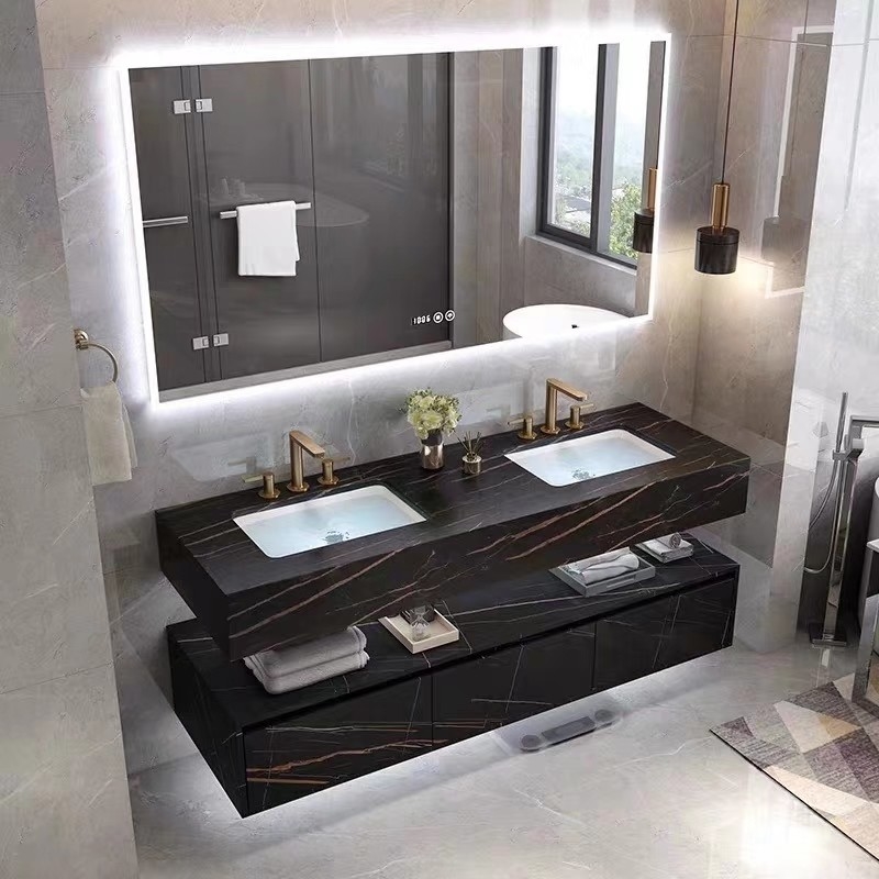 Moderne Marmorhotel-Badezimmer-Eitelkeit sinterte Steinbecken-Wannen-Kabinett Smart führte Spiegel