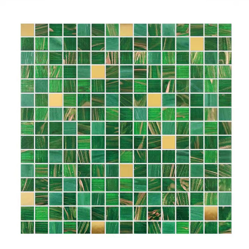 Klassischer Retro-Stil Grüne Glas Mosaikfliesen mit Goldlinie Badezimmer Toilette Hintergrund Wandfliesen