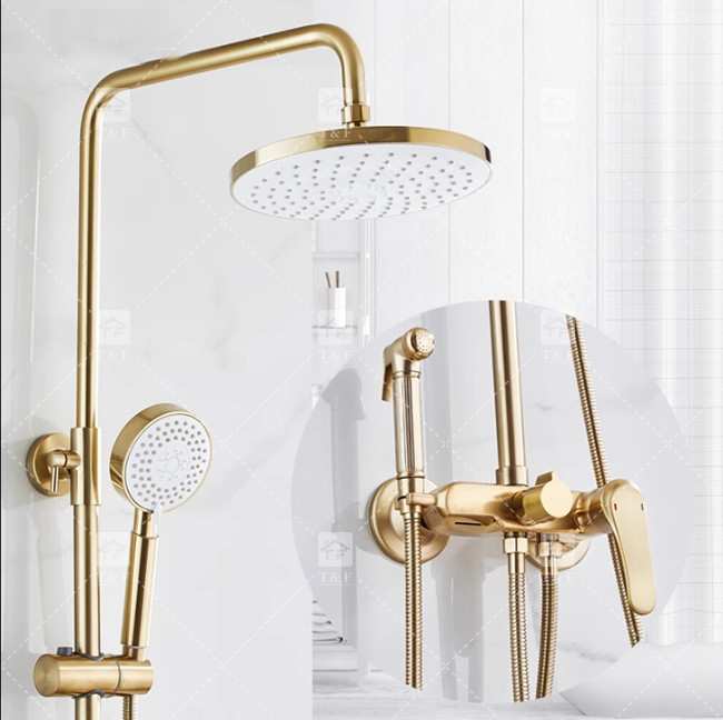 Nordic Light Luxus-Dusch-Satz für Zuhause Wasserhahn Messing gebürstetes Gold Heiß-Kalt Druckdüse
